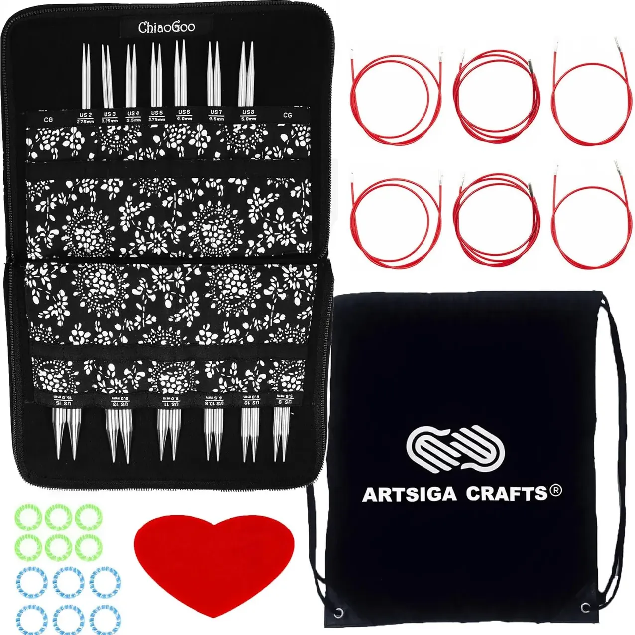 ChiaoGoo Twist Red Lace 5-Inch Complete 7500-C Interchangeable Circular Knitting Needle Set, Sizes US 2, 3, 4, 5, 6, 7, 8, 9, 10, 10.5, 11, 
