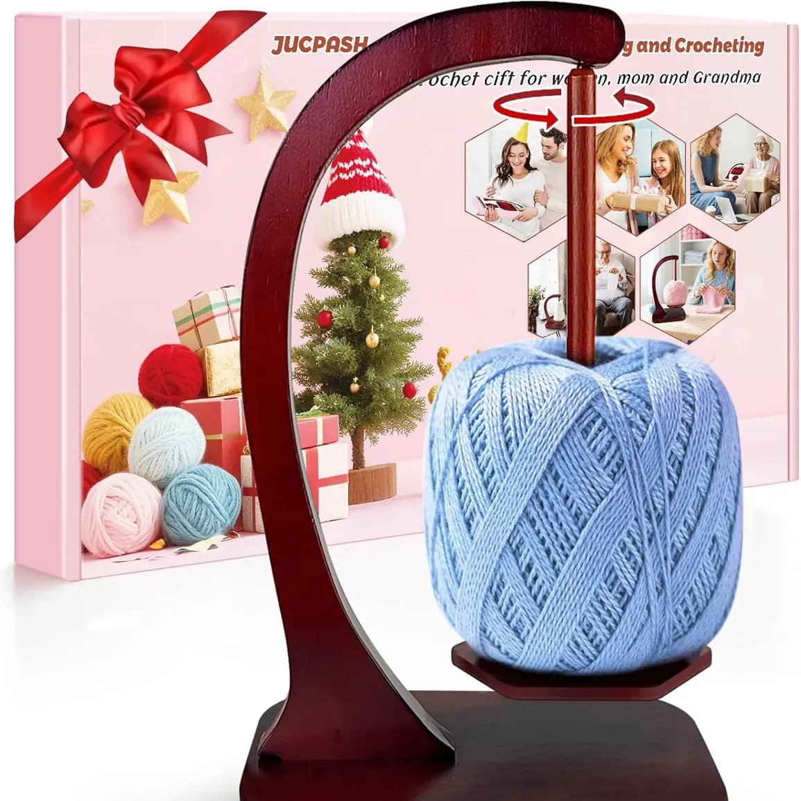 JUCPASH Yarn Holder for Crocheting and Knitting, Wooden Yarn Spinner with Magnetic Rotating Mechanism and Anti-Slip Pads, Crochet Accessorie