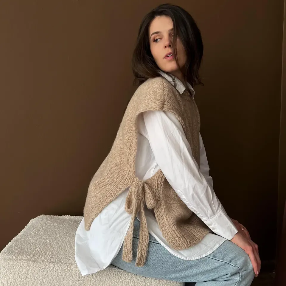 Pastel beige alpaca merino wool sweater vest for women, soft and airy side-tie knitted sweater vest, pastel minimalist knit vest