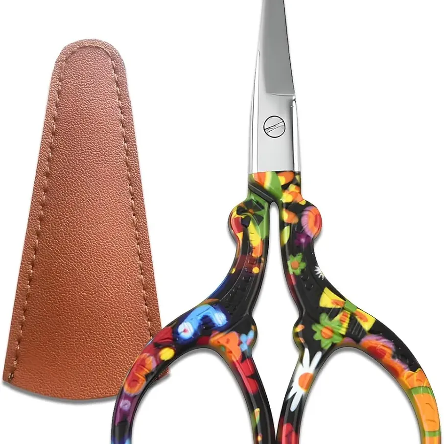 Sharp Embroidery and Crafting Scissors with Leather Cover, 3.62 inch Stainless Steel Stork Shaped Scissors for Needlework and DIY Crafts, Bl