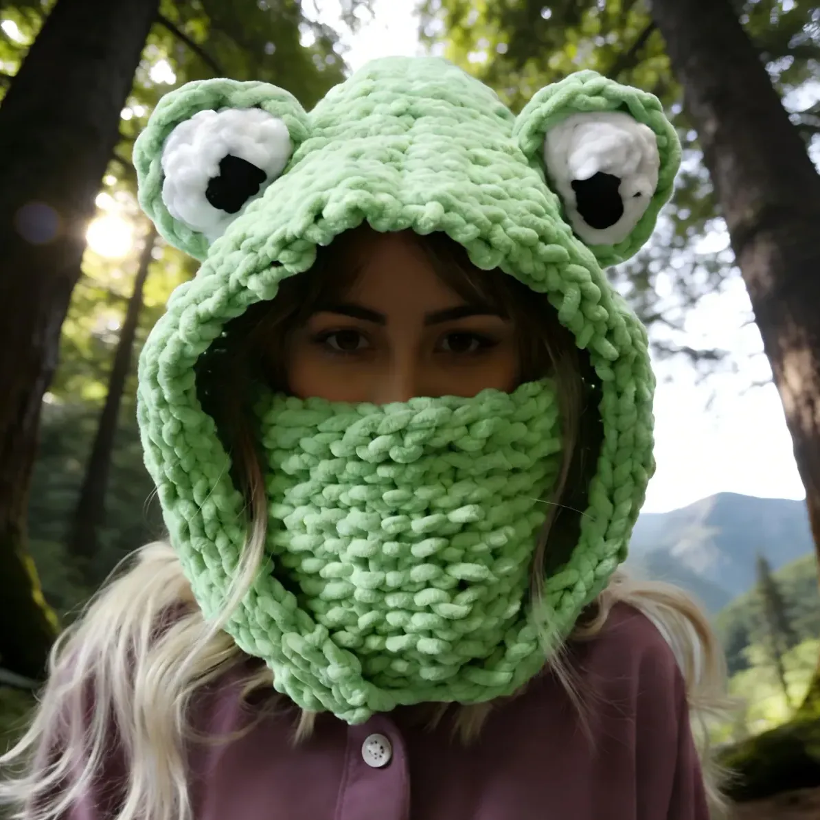 Cute Frog Crochet Balaclava - Knit Ski Mask with Ears | Handmade Animal Hat, Warm Winter Hood, Cozy Unisex Hat