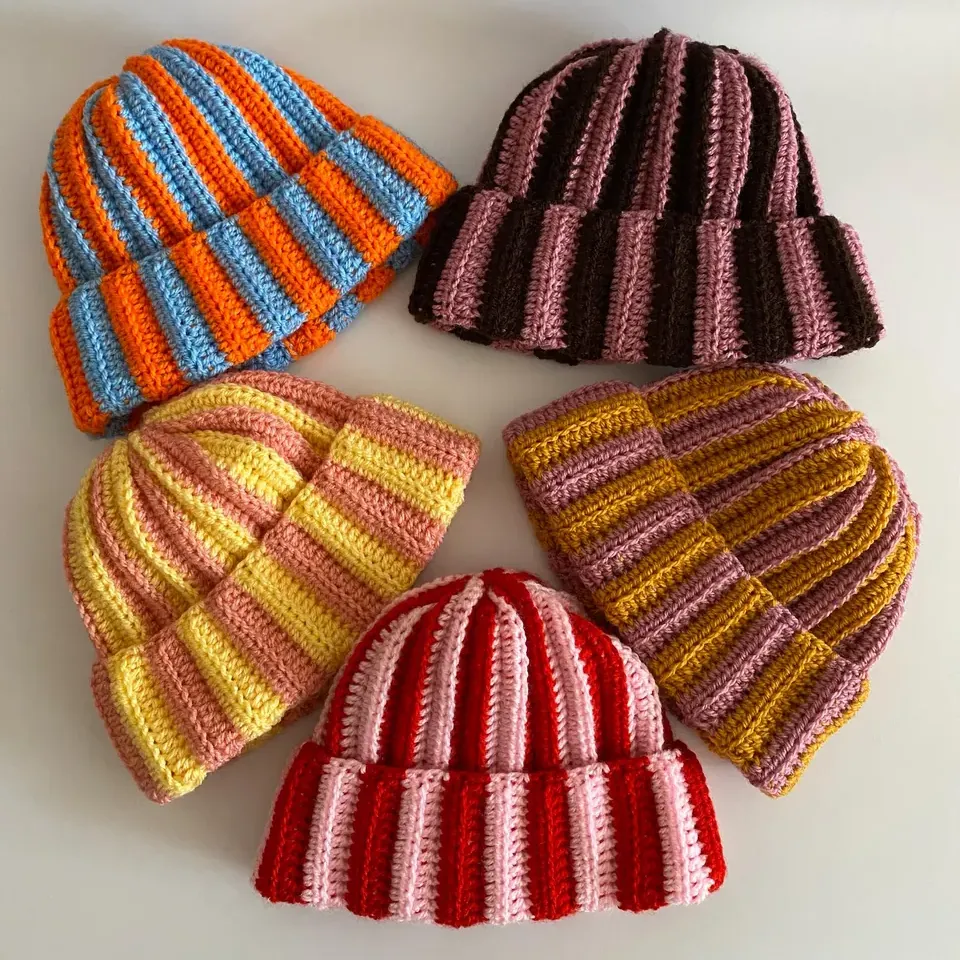 Handmade Ribbed Crochet Beanie: Two-Tone Striped Hat