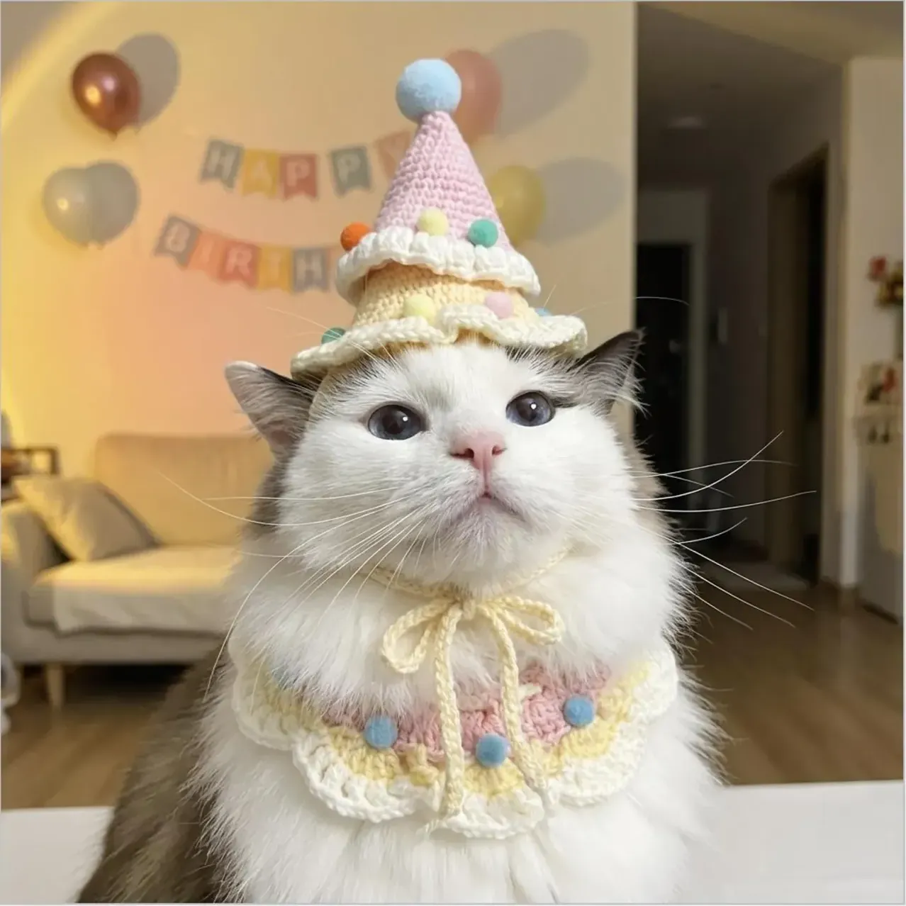 Cute Cat Birthday Outfit Crochet Collar for Cats Clothes Knitted Neckwear Cute Cat Hat Handmade Cat Accessory Adjustable Bib Cat Lover Gift