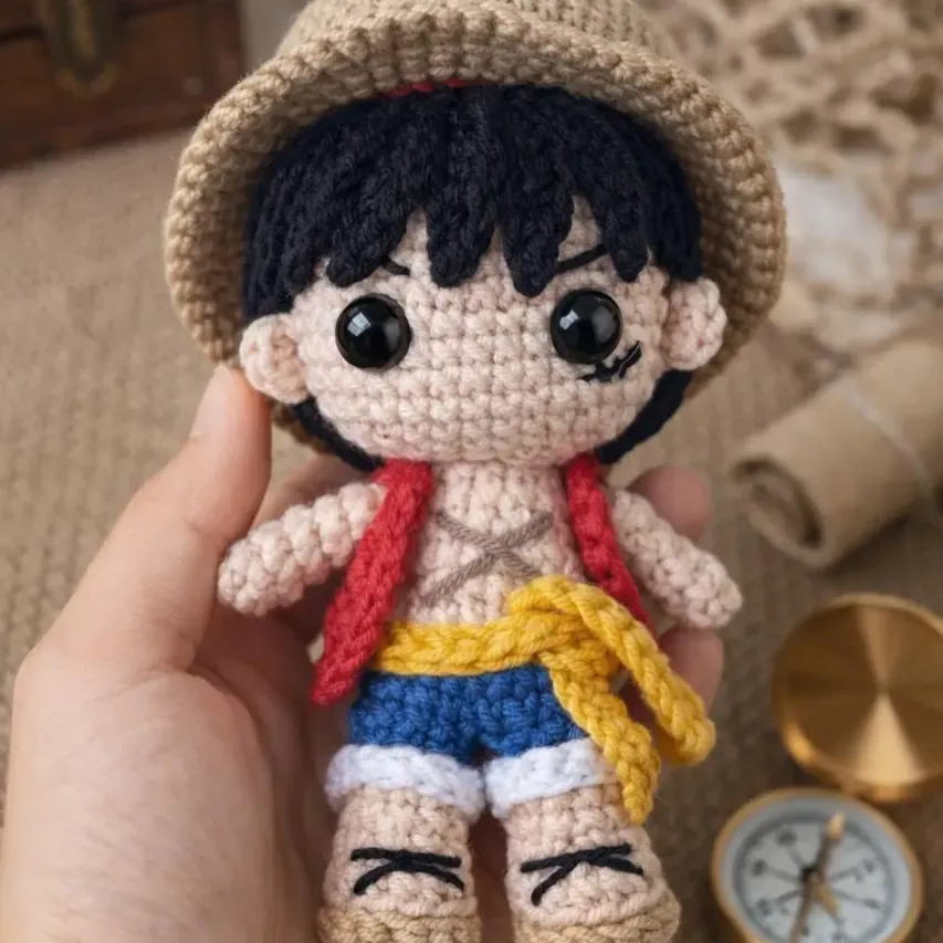 Anime Pirate Crochet Doll – Handmade Amigurumi Straw Hat Boy Plush, Cute Anime Gift, Collectible Yarn Figure, Anime Lover Gifts
