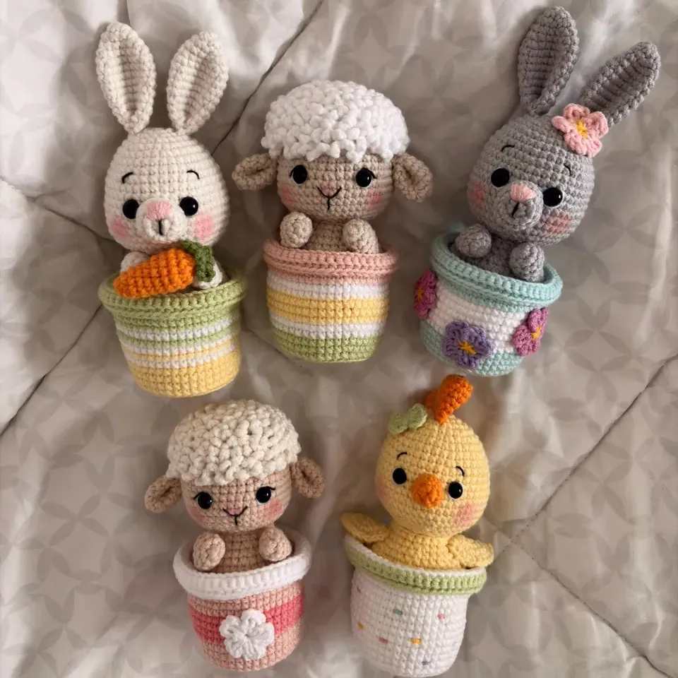 Crochet Easter Bunny Lamb Chick in Pot – Amigurumi Easter Decor – Handmade Spring Animal Plush – Cute Easter Basket – Nursery Desk Decor
