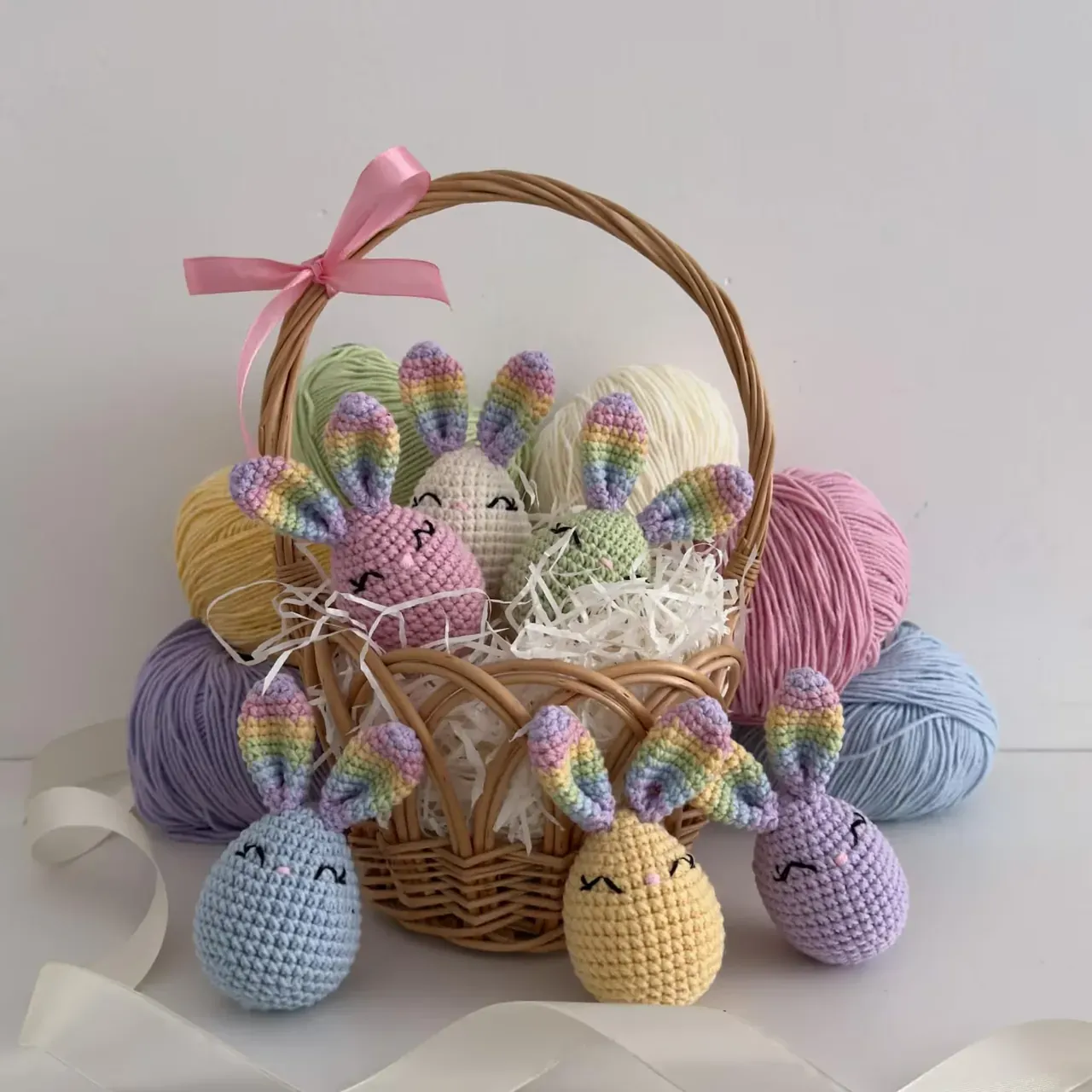 Baby first Easter basket stuffers, Crochet bunny eggs rattle plush