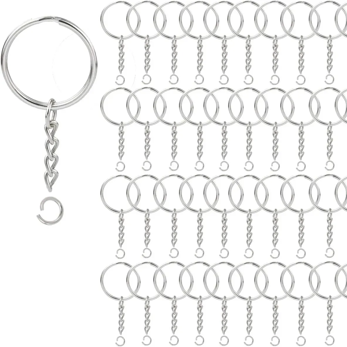100 Pack Key Ring with Chain and Open Jump,1 inch Split Round Keychain Rings Bulk for Craft Making Jewelry