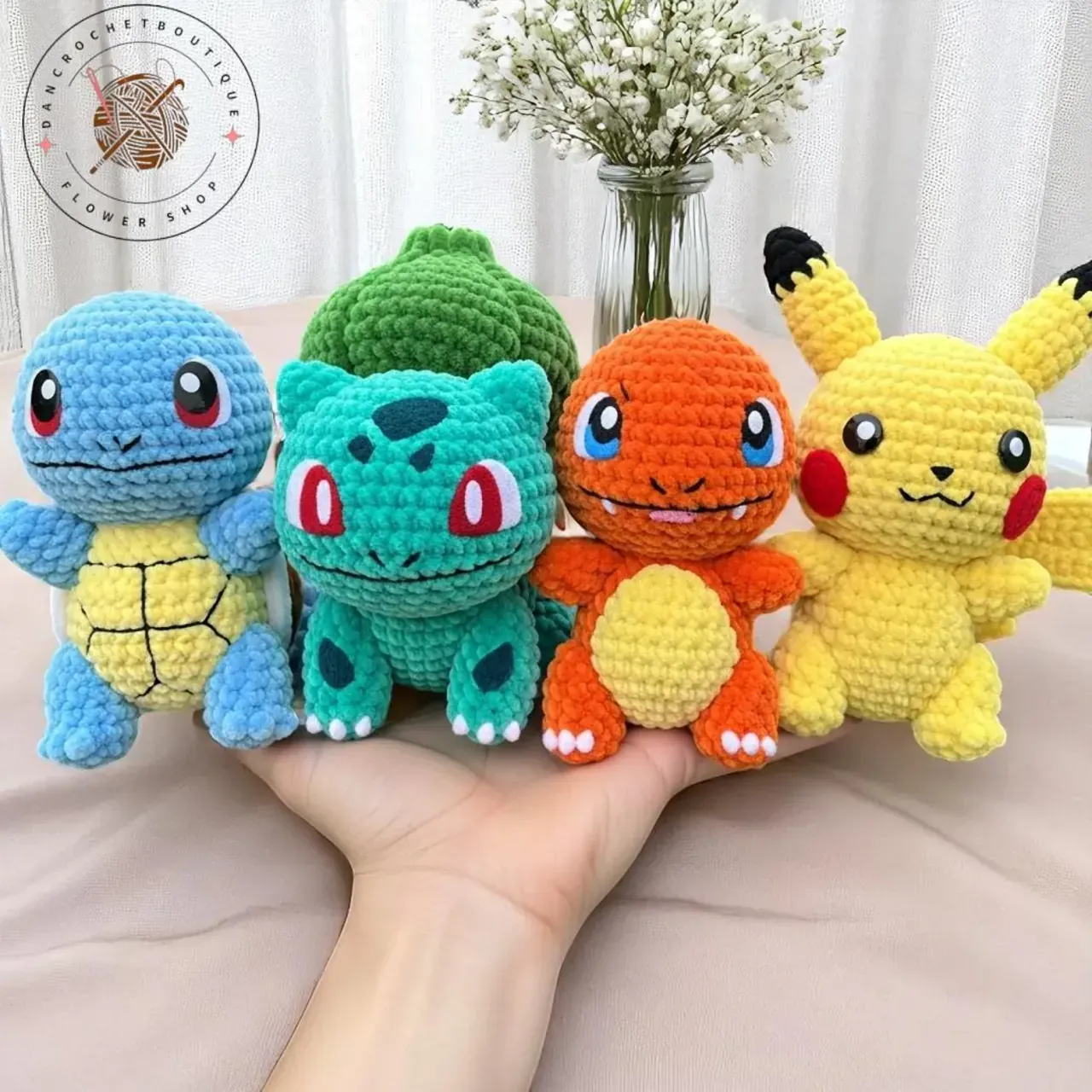 Pokemon Crochet Plush Set, Pikachu Charmander Squirtle Bulbasaur Amigurumi, Handmade And Finished, Cute Gift For Fans And Kids
