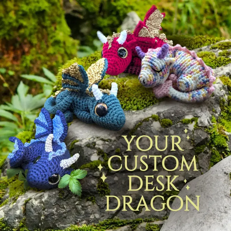Custom Crochet Dragon Desk Buddy – Handmade Fantasy Pocket Plush | Cute Dragon Gift for Desk Decor, creative work spaces & Dragon Lovers