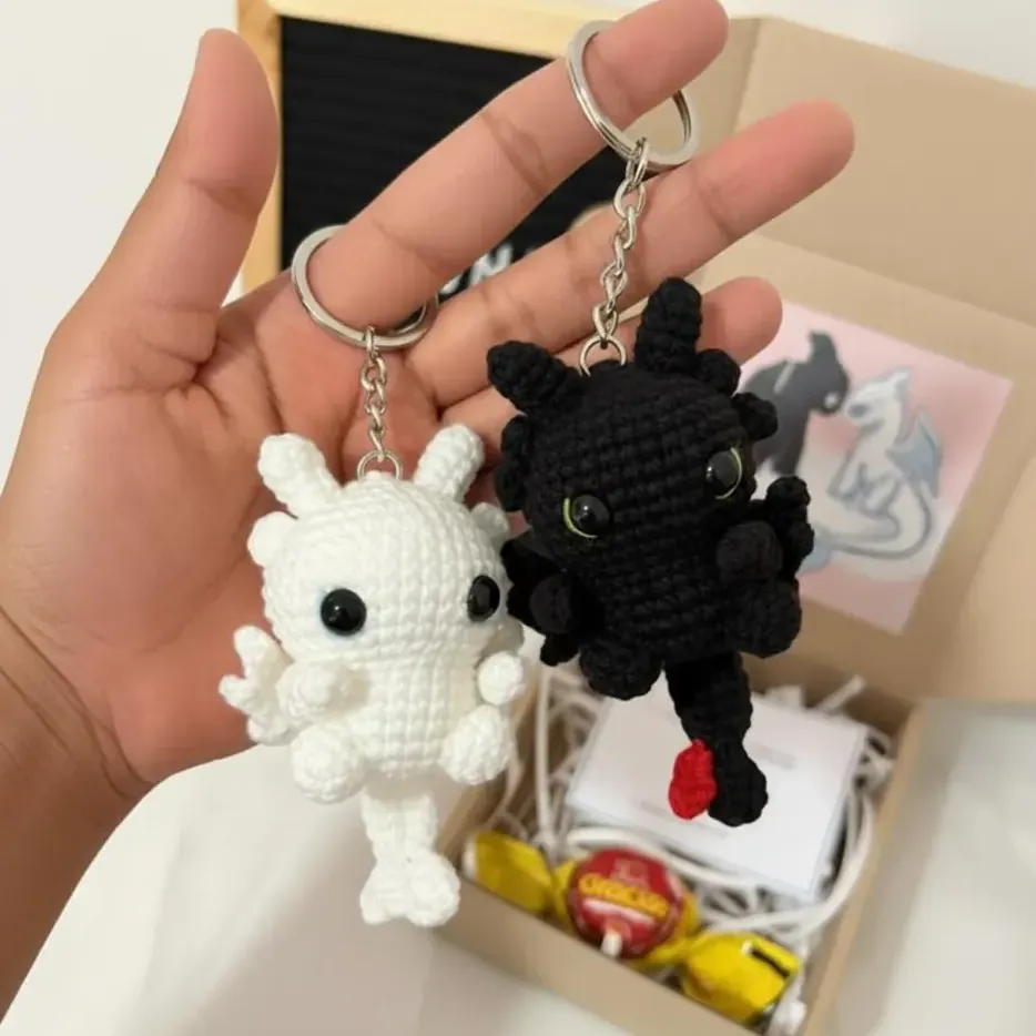 Handmade Crochet Dragon Keychain – Night Fury & Light Fury Plush, Couple keychain, Valentine Gift