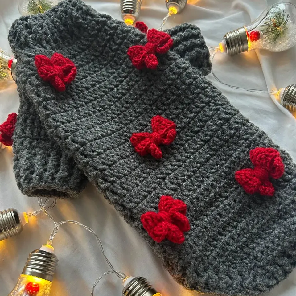 Handmade Crochet Dog Sweater: Wool Blend Pet Jumper with Bows