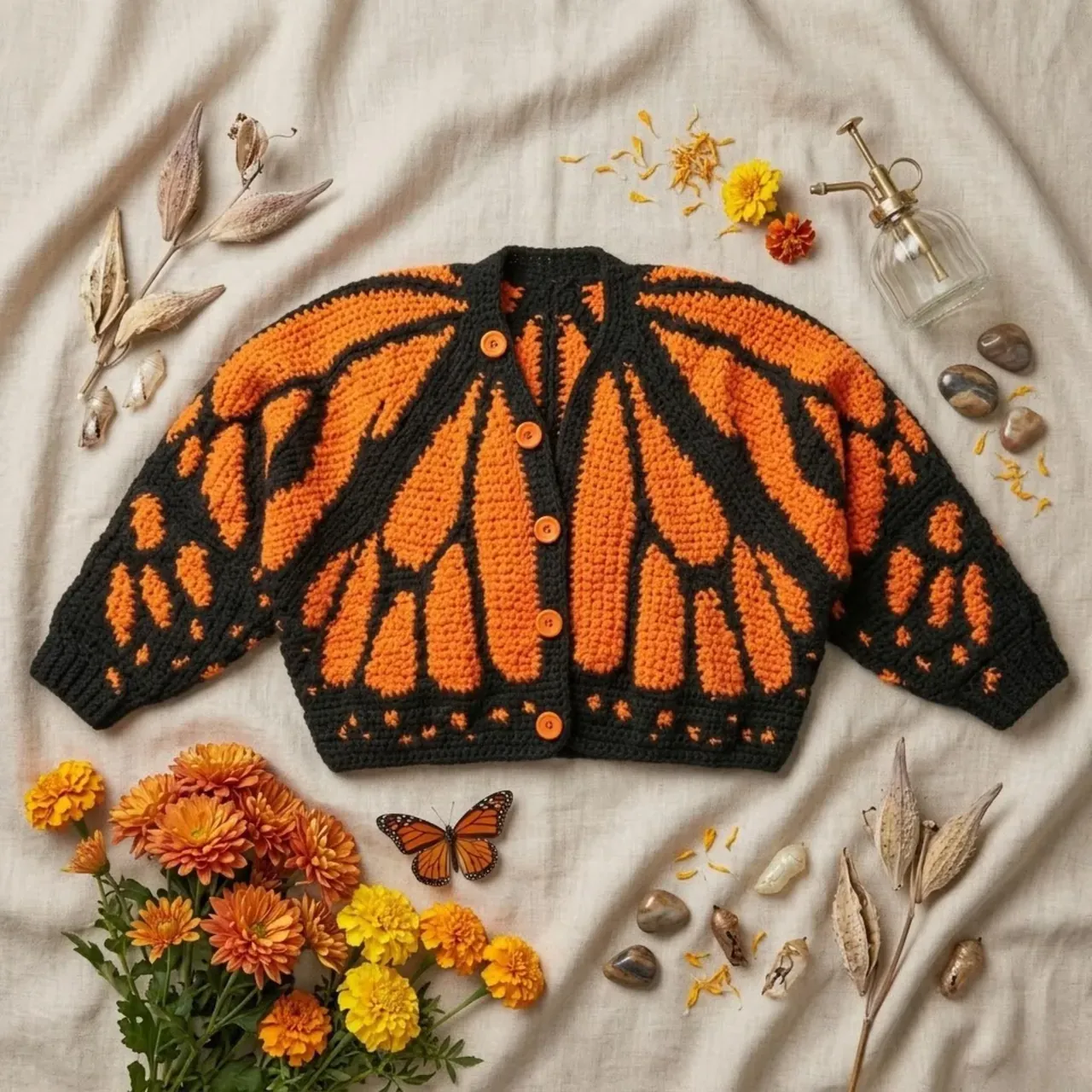 Monarch Butterfly Crochet Cardigan | Handmade Butterfly Sweater | Oversized Knit Cardigan |Fall Aesthetic Outfit |Cottagecore Clothing |L38M