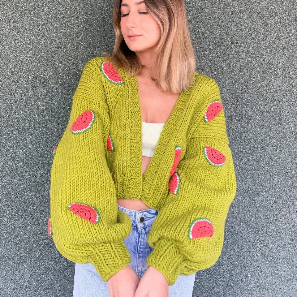 GlowbySely/ Watermelon Crop Woman Sweater/ Oversize Knitted Cardigan /Cropped Cardigan/ Woman Knitted Top/ Knit Cardigan/ Gift for her