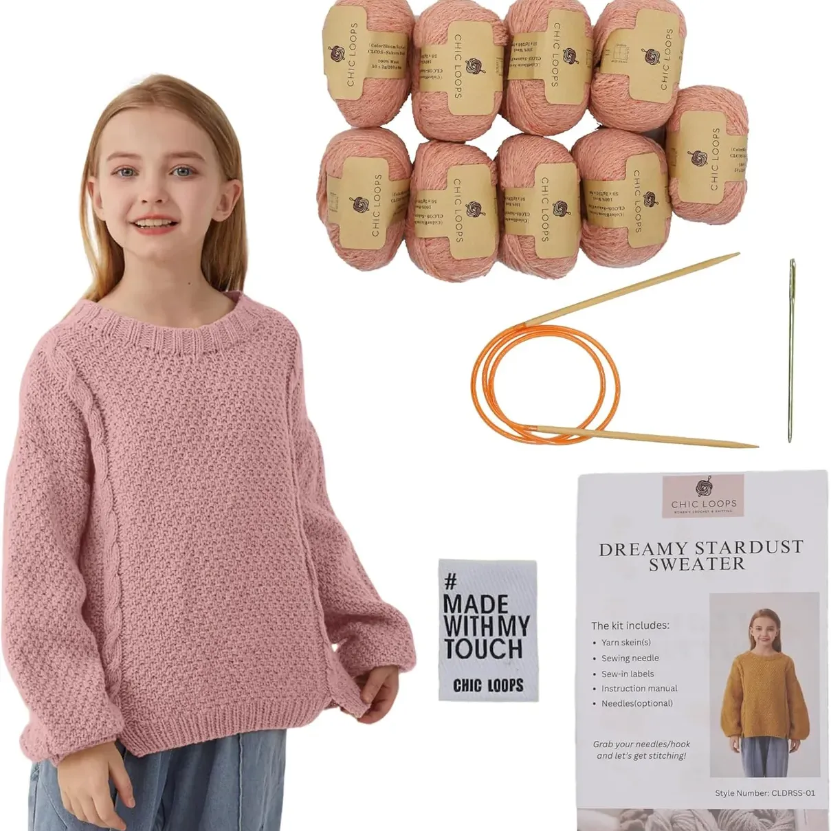 Chic Loops Knitting Kit for Beginners, Knitted Sweater Beginner Crochet Kit, Crochet Chunky Crew Neck Long Sleeve Pullover Sweater with Inst