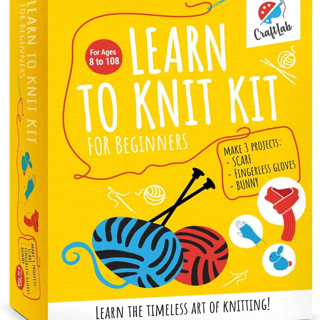 CraftLab Knitting Kit - Beginner Knitting Supplies with Wool Yarn, Needles, Instructions, DIY Gift