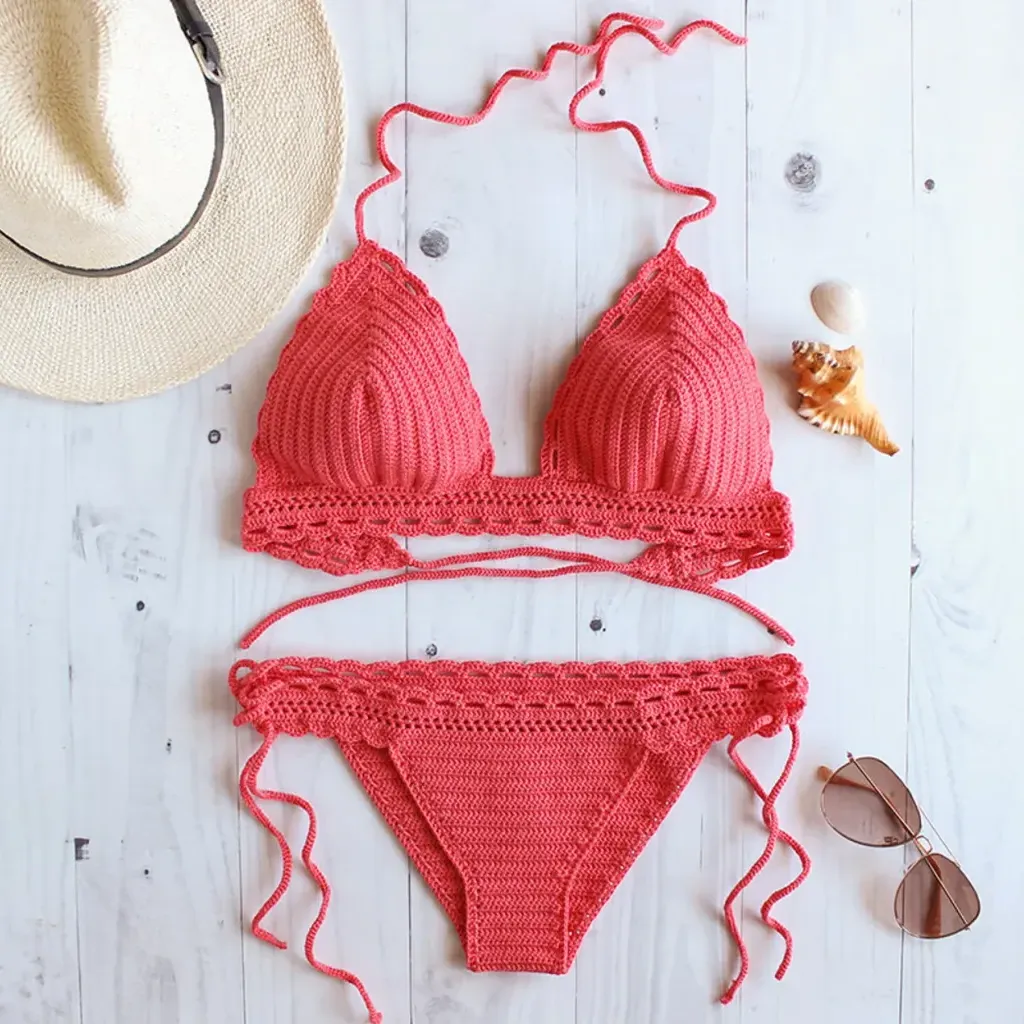 Coral Bikini Crochet - Crochet Bikini Set - Crocheted Swim Suit - Womens Swimwear - Bright Neon Bikini - Women Beachwear - Triangle Bikini