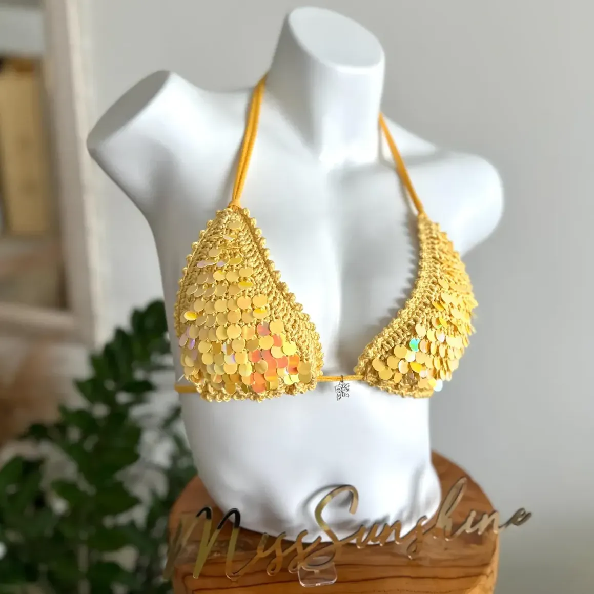 Sequin Crochet Bikini Top – Handmade Triangle Bralette – Festival & Beachwear Love Island style