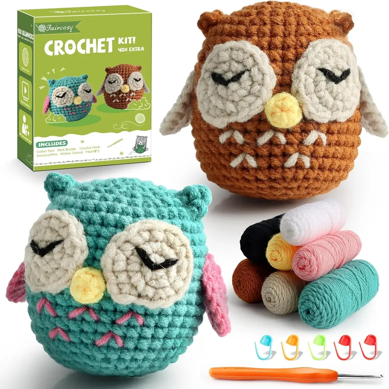 Faircosy 2PCS Beginner Crochet Kit: Amigurumi Crocheting Owls Kits, Starter Kit for Adults and Kids (10Age+) with Detailed Instructions and 