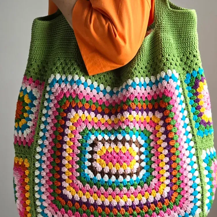 Carry-All Bag Handmade Green Crochet Bag - Large Colorful Summer Beach Tote with Inner Pocket
