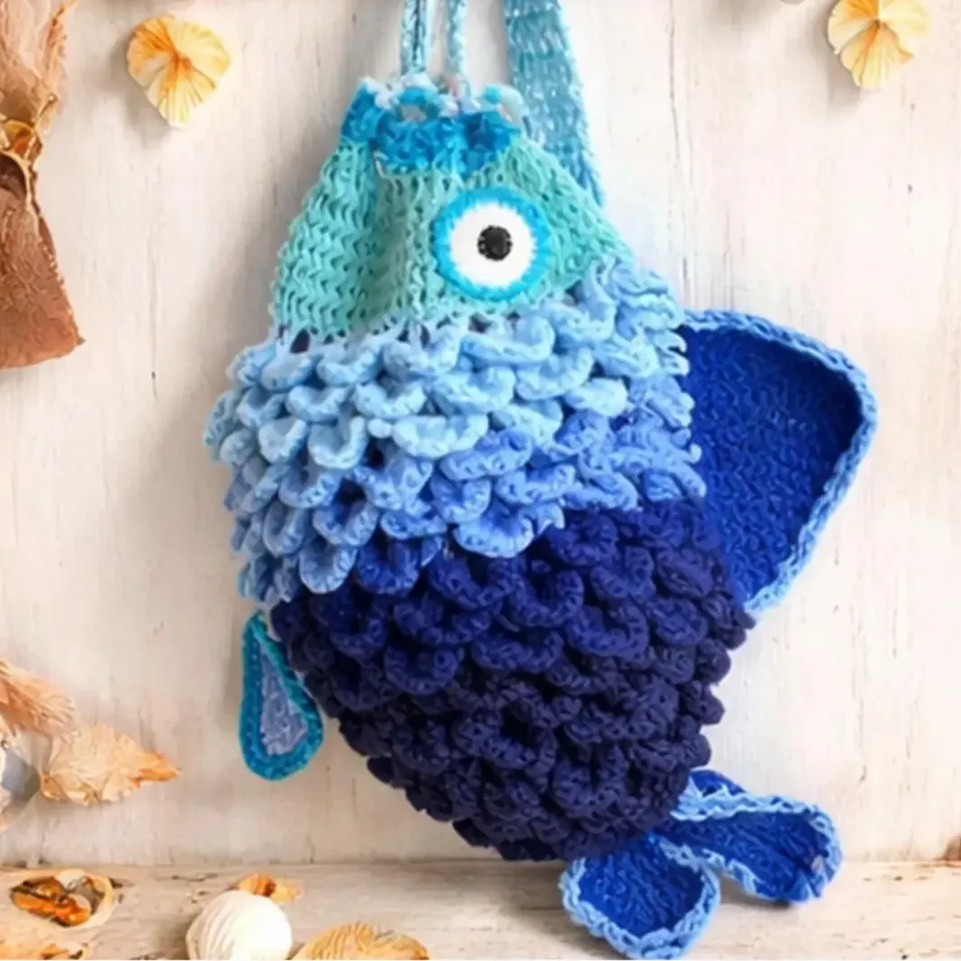 Crochet Fish Bag Handmade | Cute Fish Purse Blue Ombre | Unique Crochet Shoulder Bag | Aesthetic Summer Tote | Gift for Her Beach Bag