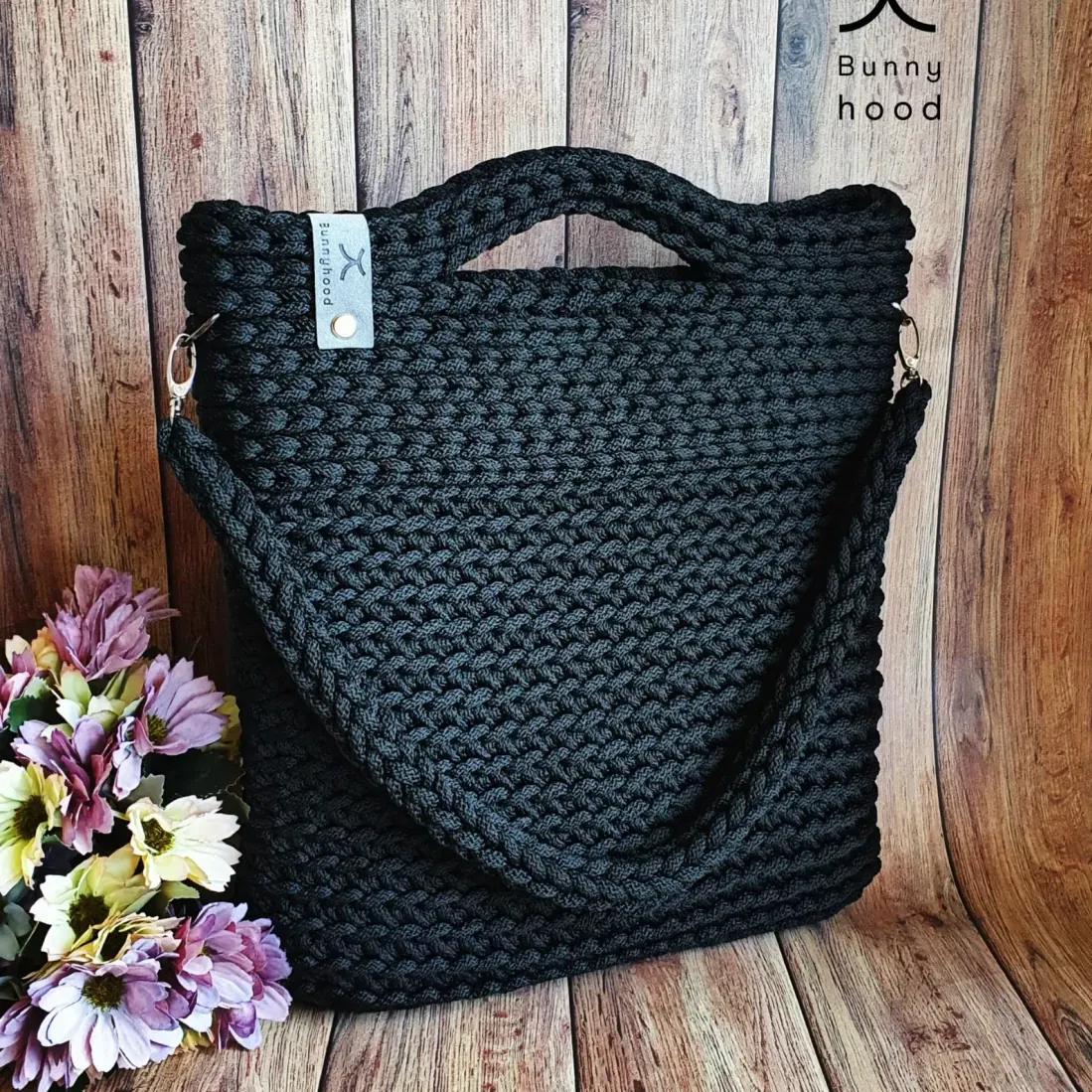 Handmade Crochet Shoulder Bag: Black Knitted Purse with Detachable Handle
