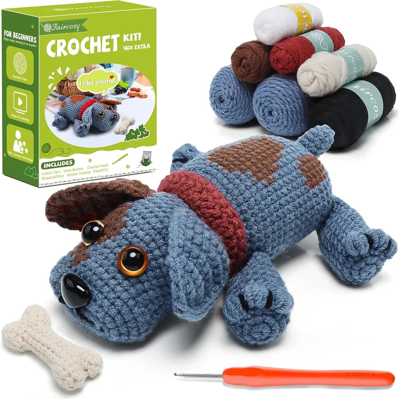 Faircosy Animal Crochet Kit for Beginners Adults: Learn to Crochet Starter Kits with Detailed Video Tutorials - DIY Crochet Cute Dog Kit for