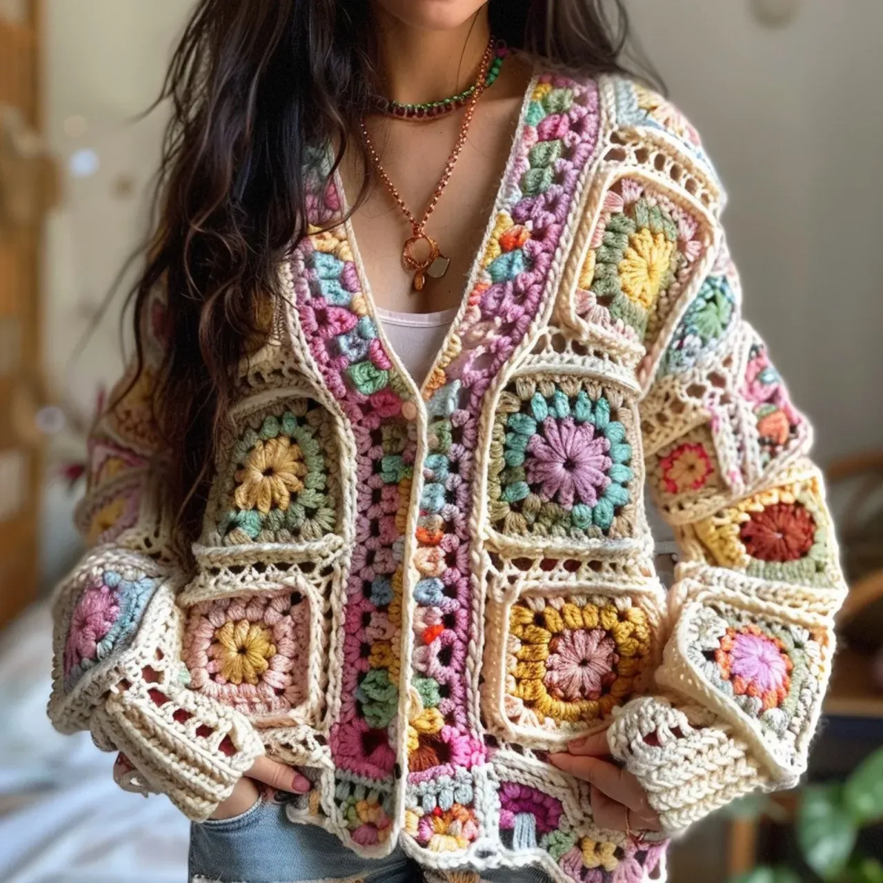 Handmade Cotton Crochet Granny Square Cardigan: Colorful Boho Jacket