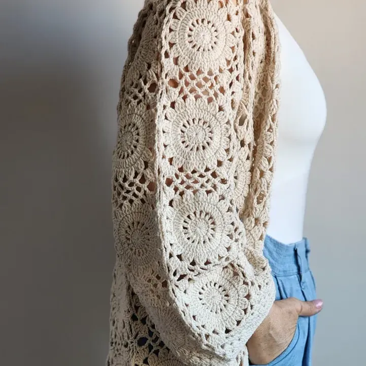 Handmade Beige Crochet Cardigan: Vintage Flower Motif, Boho Cotton Sweater pre-order