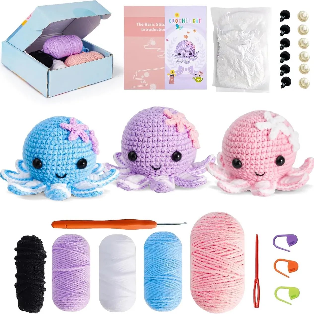 Crochet Kit for Beginners: Make 3 Cute Amigurumi Animals with Easy-to-Follow Video Tutorial, Complete Beginner Crochet Kits for Kids Adults,