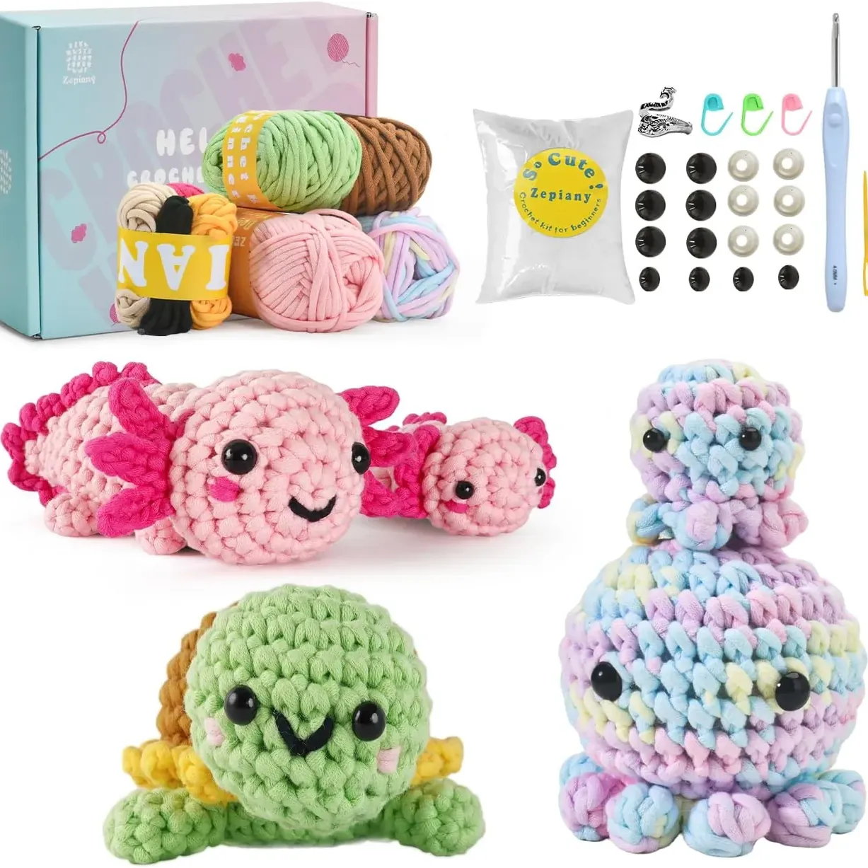 Crochet Kit for Beginners, 5 Pack Amigurumi Beginner Crochet Kits Animals, Crochet Turtle Axolotl Octopus Crocheting Kit, Easy Knitting Kit 