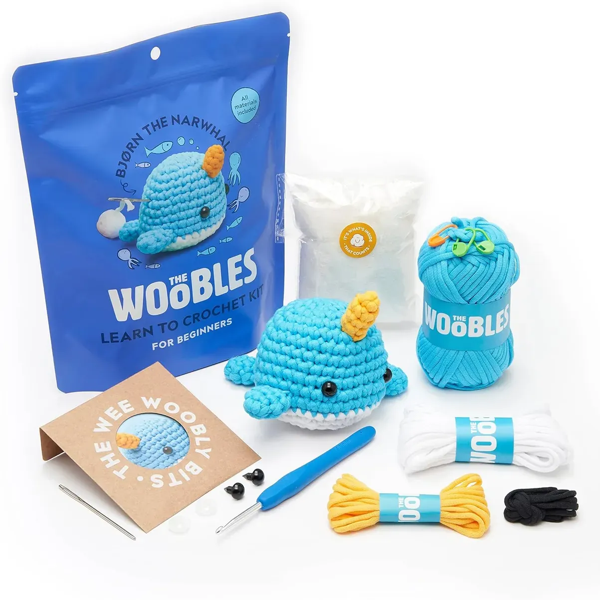 The Woobles Crochet Kit for Beginners - Easy Arts and Crafts Knitting & Crochet Animals Kit As Seen On Shark Tank - Bjørn The Narwhal