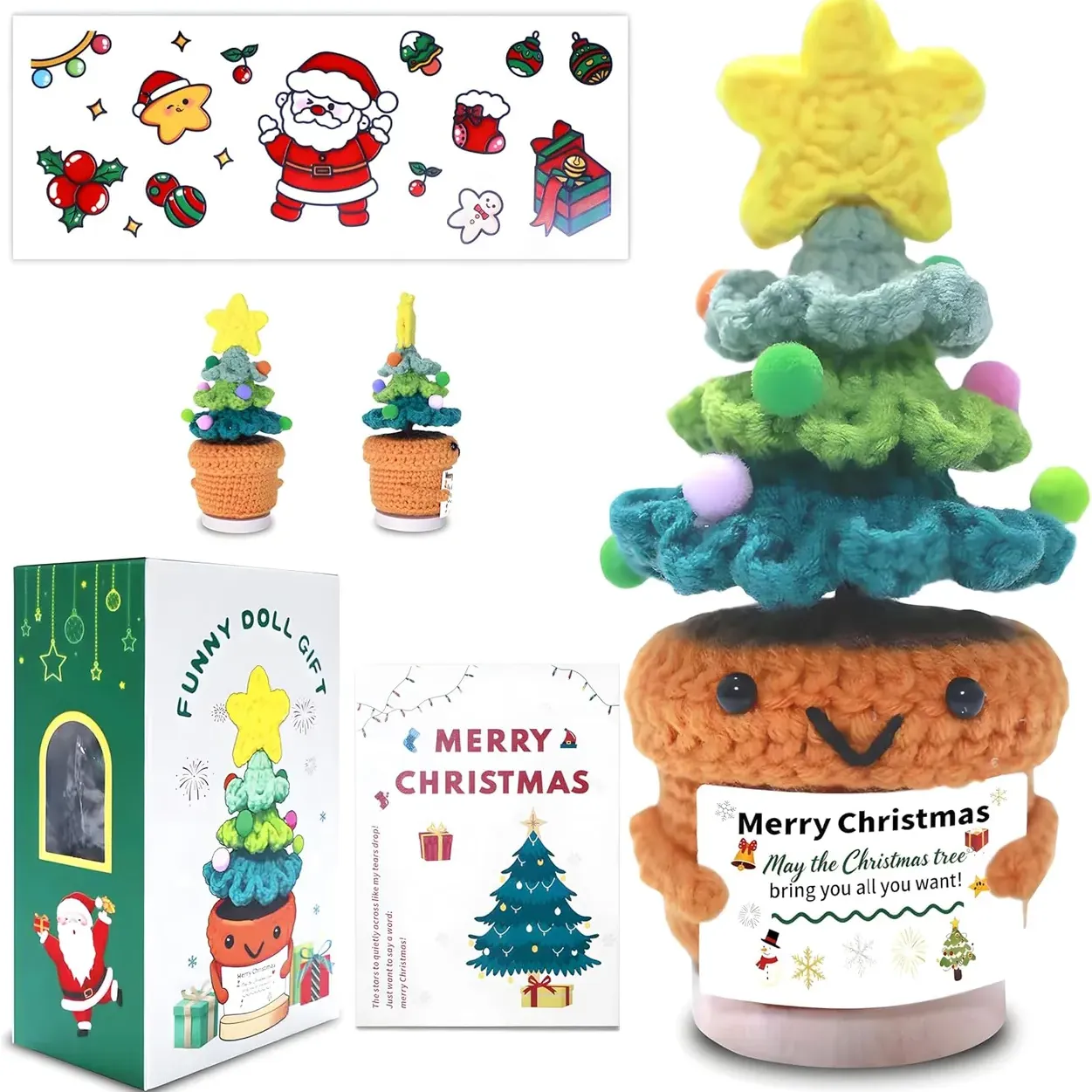 Christmas Tree Positive Crochet Animals Flower Doll, Emotional Support Plant Plush with Inspirational Card, Handmade Crochet Kit, Cheer Up G
