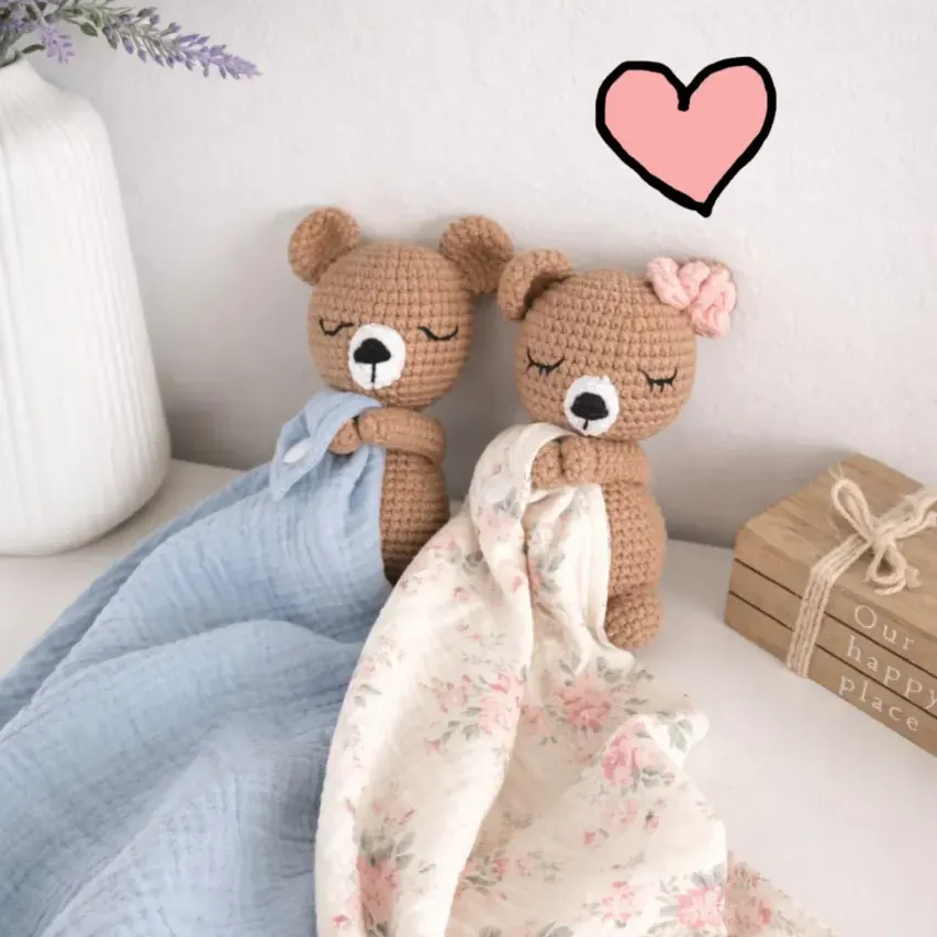 Personalized Baby Lovey: Crochet Animal Rattle, Muslin Blanket