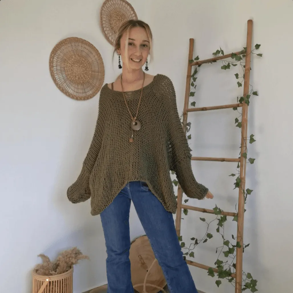 Boho Knit Sweater, Oversized Green Pullover, Vegan Soft Yarn, Lightweight Handmade Top