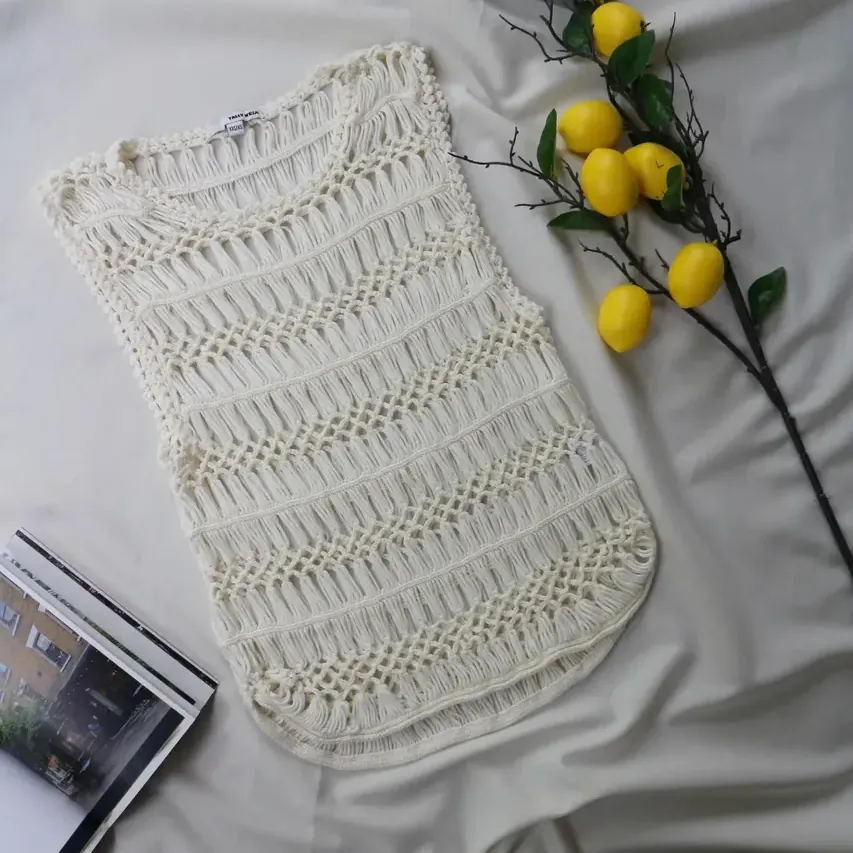 Vintage Crochet Knit Vest Boho Sleeveless Top White Openwork Sweater Vest Cottagecore Festival Layering Piece Handmade Look