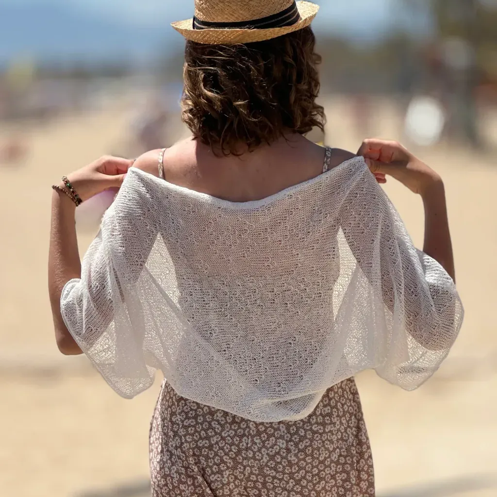 White Linen Shrug Bolero - Knit Summer Shoulders Wrap - Short Sleeve Loose Crop Cardigan