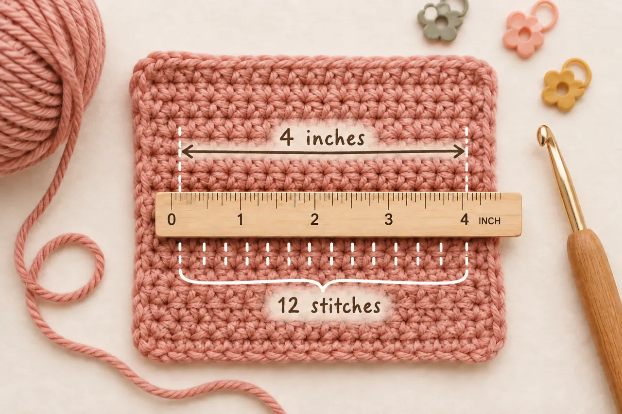 Illustration of a coral crochet swatch with a ruler and labels showing 12 stitches across 4 inches.